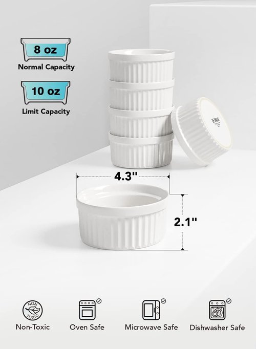 LE TAUCI Ramekins Set of 6 - 8 OZ Oven Safe Ceramic Custard Cups for Pudding & Dipping Sauces - White