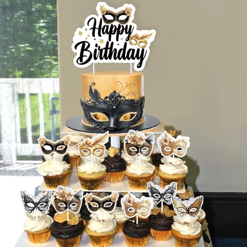 Black Gold Masquerade Cake Decorations - 25 Pcs Set for Birthdays