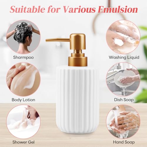 White Ceramic Bathroom & Shower Dispenser, 300ml Multi-Use Soap & Lotion Bottle