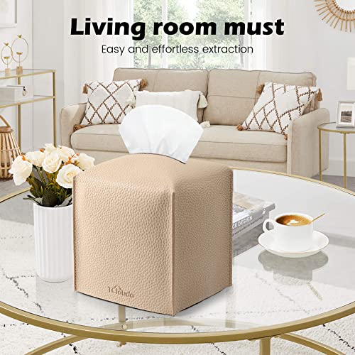 Beige PU Leather Tissue Box Cover Holder for Home & Office