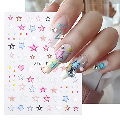 6 Sheets Colorful Star & Heart Nail Art Stickers 3D Self-Adhesive Decals