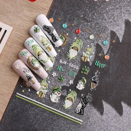 BELSITA 5D Embossed Christmas Nail Decals - Santa Snowflake Stickers (3 Sheets)