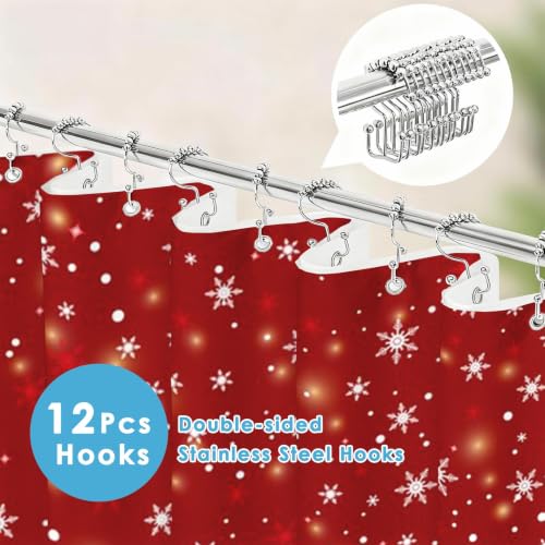 Red Christmas Snowflake Shower Curtain & Liner Set 72x72 Inch - Holiday Decor with Hooks