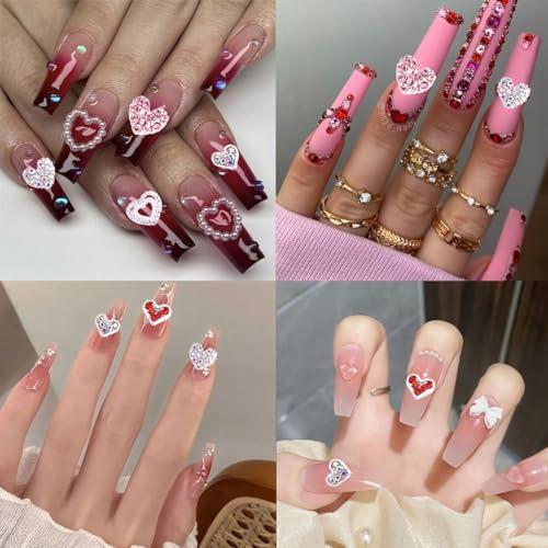 3D Heart Nail Charms Rhinestones Silver Alloy Crystal Gems 12Pcs