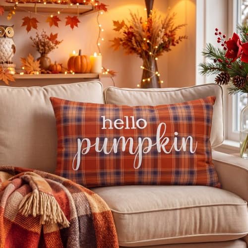 12x20 Orange Tartan Fall Pillow Cover with Hello Pumpkin Embroidery