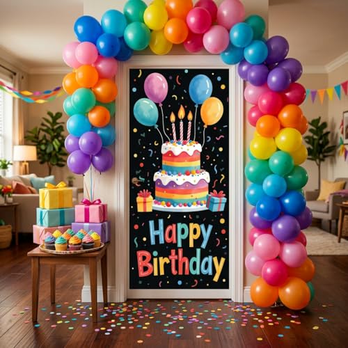 Happy Birthday Banner Backdrop, Colorful Cake Party Decor 35.4x70.9 Inch