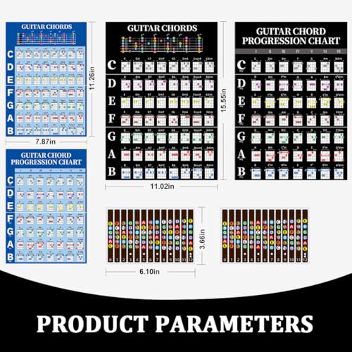 Guitar Chord Chart Set for Beginners - 2 Stickers & 2 Charts