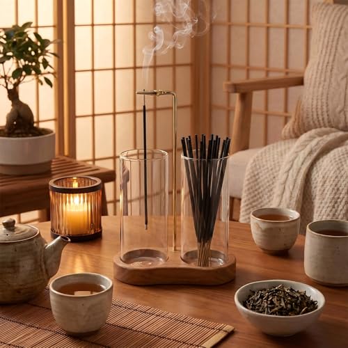 OWLREX Upgrade Tall Incense Holder with Glass Ash Catcher - Upside Down Burning & Stick Storage