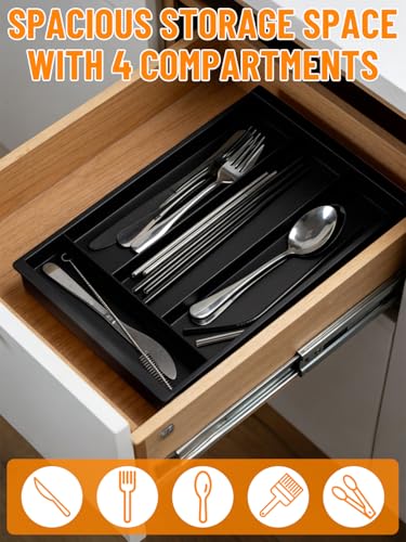 Adjustable Black Silverware Drawer Organizer - Expandable Utensil Tray
