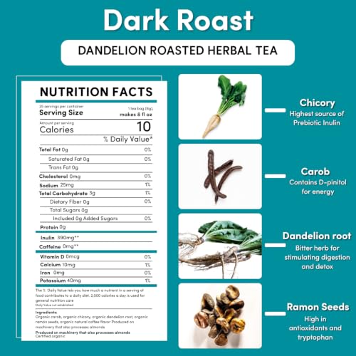 Teeccino Dark Roast Dandelion Tea - Caffeine-Free Herbal Tea, 25 Count (Pack of 3)