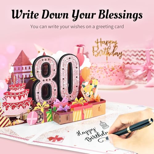 3D Pink Pop-Up 80th Birthday Card for Women - Aiunmiol