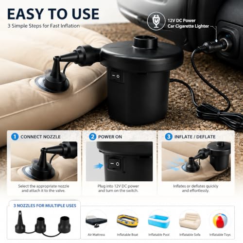 QIPUMP Electric Air Pump for Inflatables - Dual Power AC/DC Portable