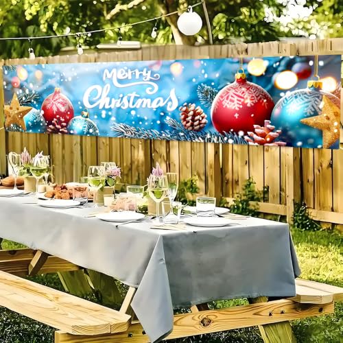 Christmas Outdoor Banner 78.7 x 17.7 Inch with Ornaments & Snowflakes