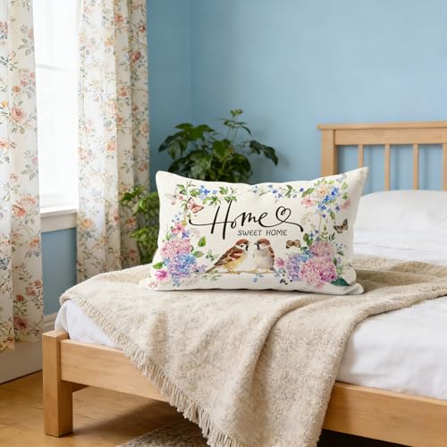 Spring Flower Bird Pillow Cover 12x20 Inch Home Decor Cushion Case