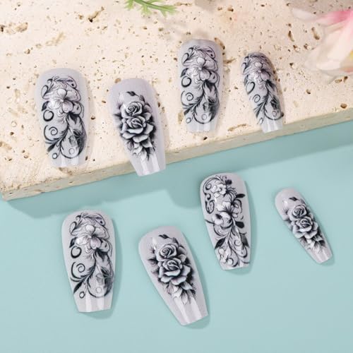 Grey Rose Press on Nails Long Coffin Floral Acrylic Fake Nails Set