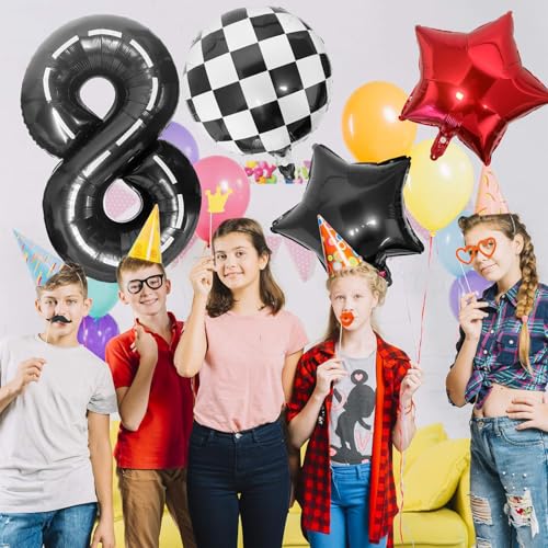 LEBERY Race Car Number 8 Balloon Set, 40-Inch Black Racetrack & Checkered Balloons