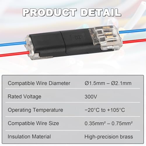 50Pcs 2-Pin Double Wire Plug-In Connectors for LED Strips, No-Strip Quick Connect Terminals