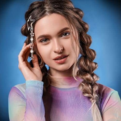 Star Pearl Snap Hair Clips 2pcs - Silver Y2K Tassel Hair Barrettes