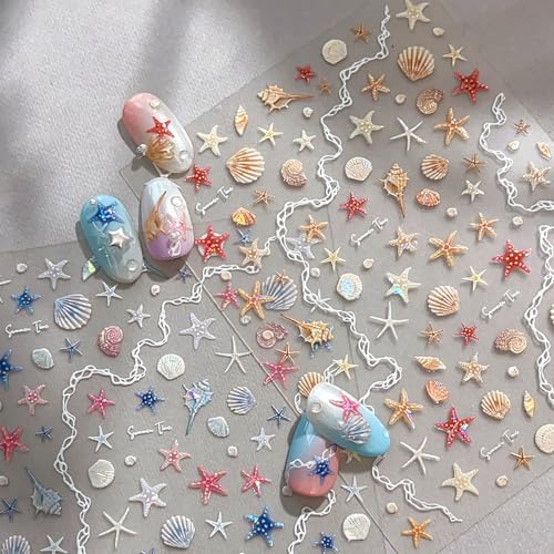 5D Embossed Starfish Seashell Nail Stickers - Summer Ocean Self-Adhesive Decals (2 Sheets)