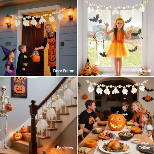 Pextian Beige 6.5Ft Halloween Ghost Garland with Wooden Beads, Handmade Halloween Decor