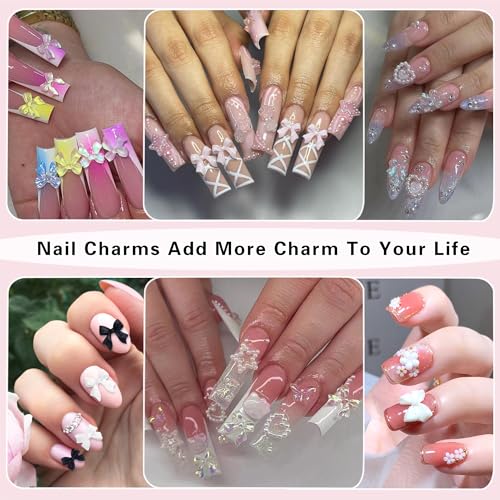 3D Bow Nail Charms and Flatback Pearls Set with Tweezers (300 Pcs)