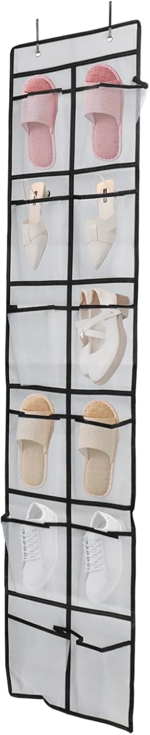 Over The Door Shoe Organizer - 12 Mesh Pockets with 4 Metal Hooks | Space-Saving Design (White)