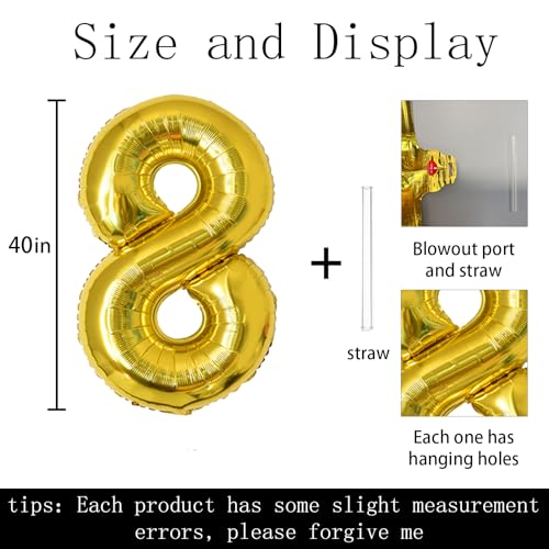 Keyali 40-Inch Gold Number 8 Foil Helium Balloon for Birthday Party Decor