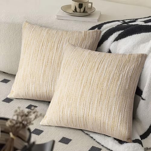 AELS 20x20 Beige Chenille Striped Throw Pillow Covers, Set of 2, Boho Style