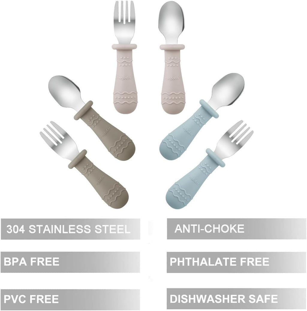 PandaEar Toddler Utensils Set - 6 Pack Kids Spoons & Forks | 18/8 Stainless Steel & Silicone, Dishwasher Safe