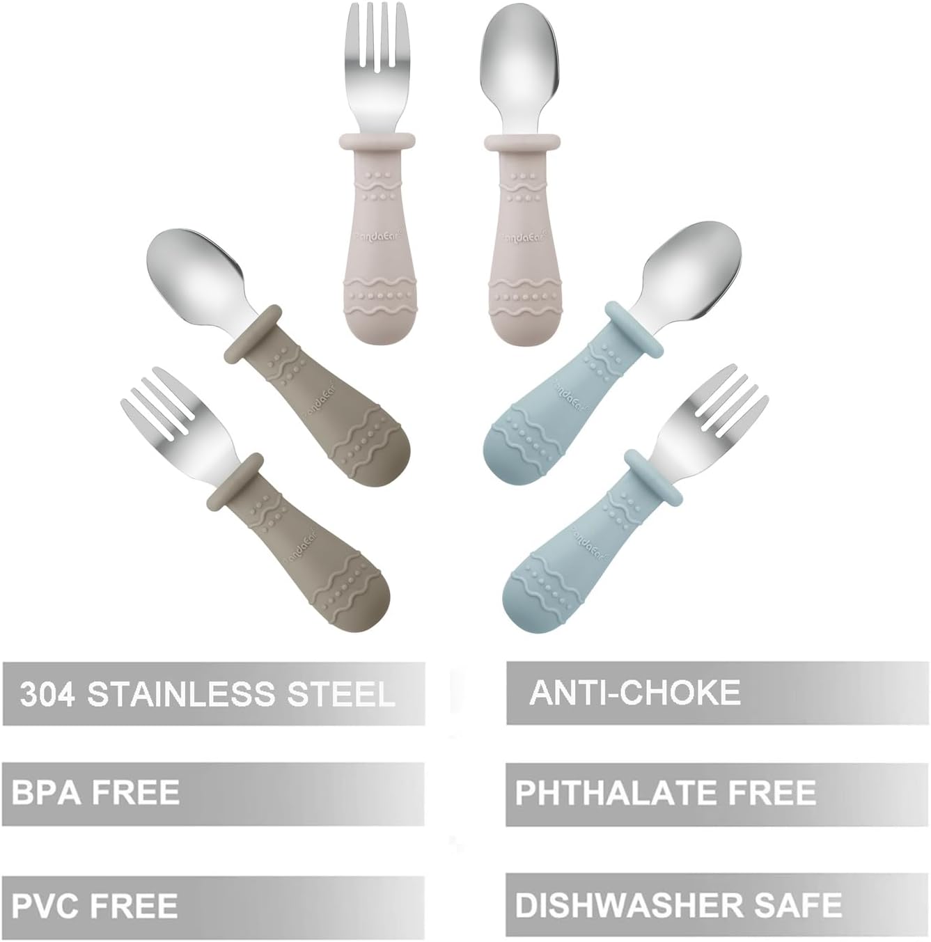 PandaEar Toddler Utensils Set - 6 Pack Kids Spoons & Forks | 18/8 Stainless Steel & Silicone, Dishwasher Safe