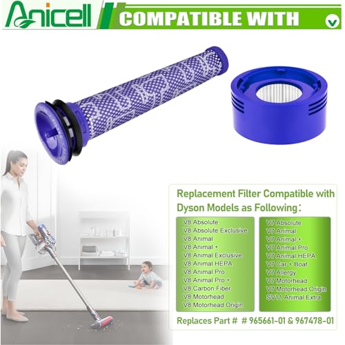 Anicell Replacement Filter Set for Dyson V7 V8 Vacuum - 2 HEPA + 2 Pre-Filters