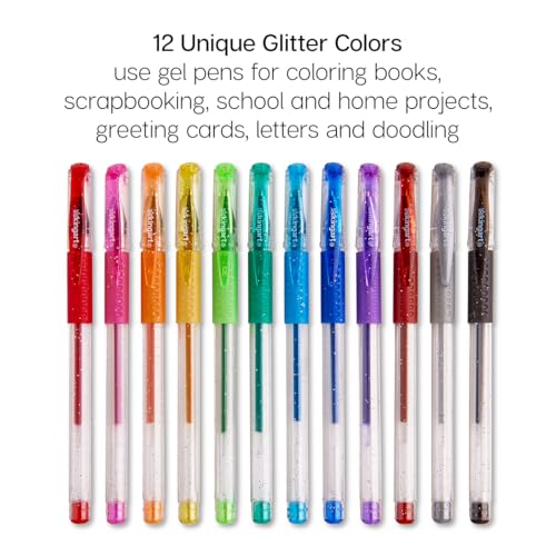 KINGART Comfort Grip Gel Pens Set - 12 Glitter Colors, 1.0mm Tip