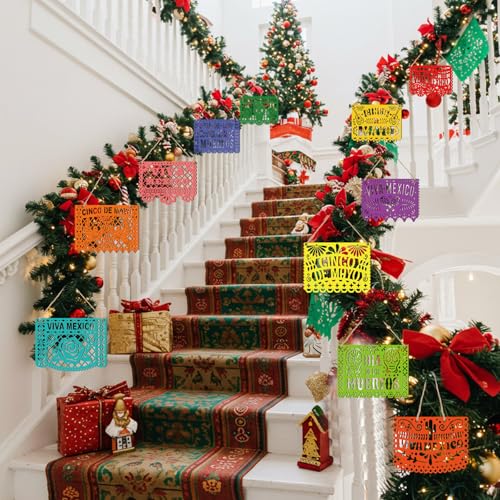 Mexican Wooden Christmas Ornaments Set - Papel Picado Style, 12 Pieces