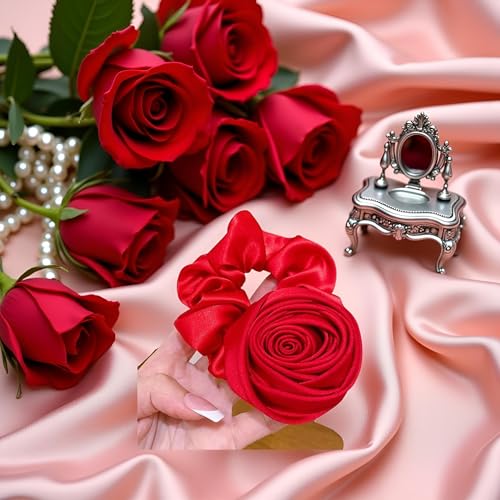 Sluswallow Wine Red Silk Satin Rose Flower Hair Scrunchie Ponytail Holder