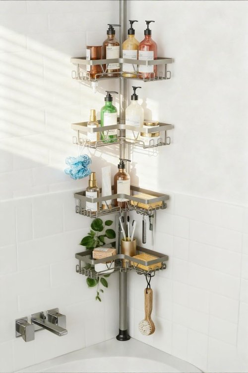 KEGII Shower Caddy Tension Pole - 4-Tier Rustproof Bathroom Organizer for Renters | 25–114.2 Inch Silver Gray