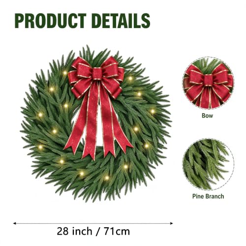 28-Inch Lighted Christmas Wreath with Detachable Bow - Pinkpum Green Variation