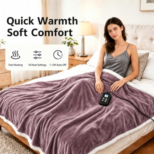 Electric Heated Blanket Twin Size 62x84 Purple with 10 Heat Settings & Auto Shut Off