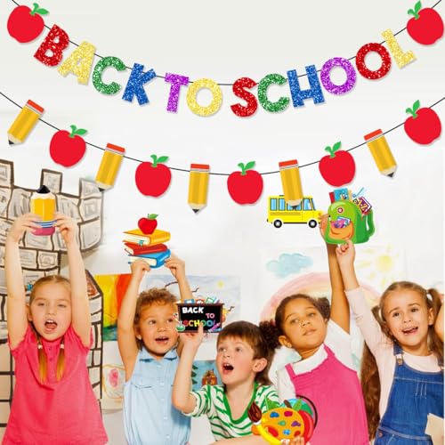 Pre-Strung Welcome Back to School Banner with Glitter Pencil Apple