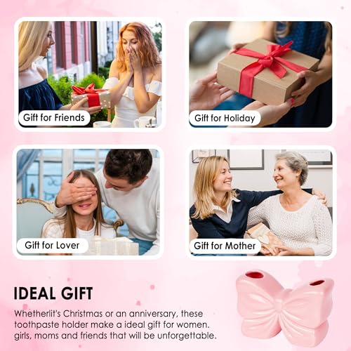 Pink Bow Ceramic Toothbrush Holder - Cute Bathroom Counter Organizer