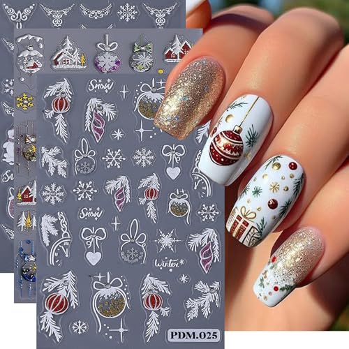TailaiMei Christmas Nail Decals Stickers - 3 Sheets Self-Adhesive Holiday Nail Art Decorations with Snowflakes & Snowmen