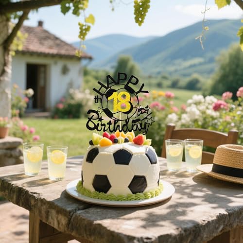 Black Glitter Soccer Happy 18th Birthday Cake Topper Football Party