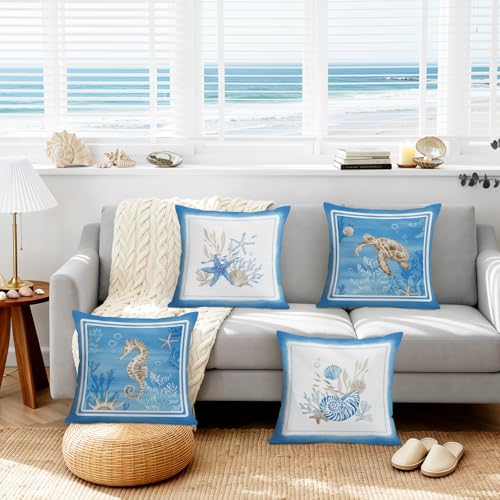 Coastal Velvet Throw Pillow Covers Set of 4 - 18x18 Inches