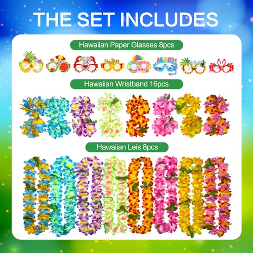 32PCS Hawaiian Luau Party Set - Red Floral Leis, Wristbands & Photo Glasses