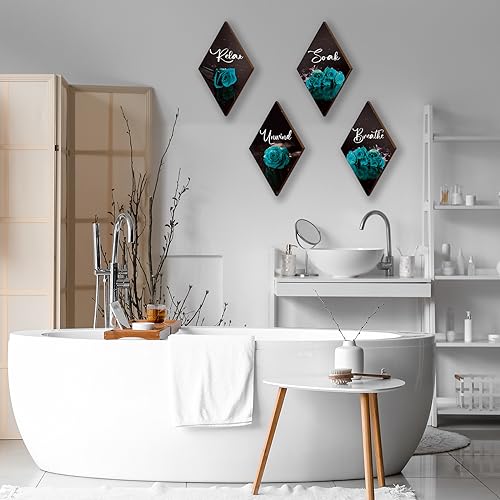 ONIZHITY Set of 4 Teal Rose Wall Decor Signs - Breathe, Soak, Unwind, Relax
