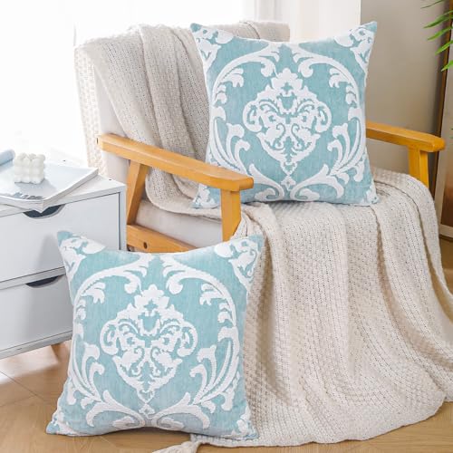 Sky Blue Damask Throw Pillow Covers 18x18 Inch, Set of 2