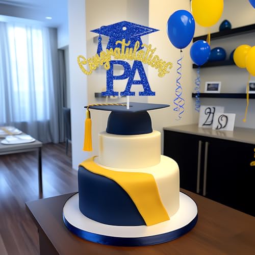 Congrats PA Cake Topper - Blue and Gold Glitter Graduation Decoration