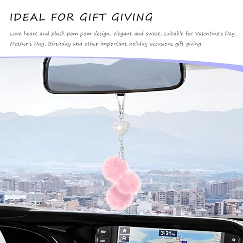 Bling Car Hanging Ornament Rhinestone Heart & Plush Ball Pink