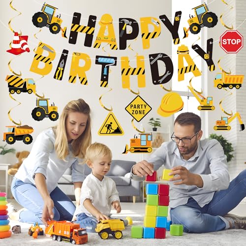 Construction Birthday Party Decorations - 27 Pcs Happy Birthday Banner & Hanging Swirls
