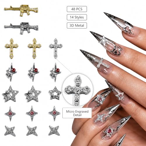 GAWRJ 48PCS Y2K Metal Star & Cross Rhinestone Nail Art Charms