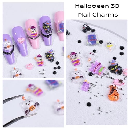 Halloween 3D Resin Nail Charms Kit with Rhinestones and Tweezers